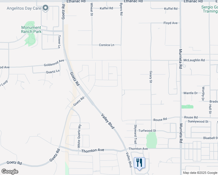map of restaurants, bars, coffee shops, grocery stores, and more near 25381 Violane Drive in Menifee