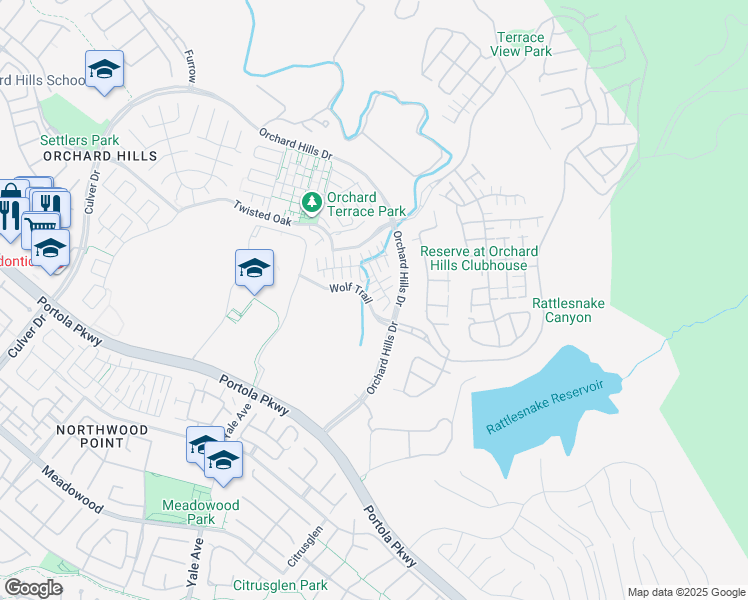 map of restaurants, bars, coffee shops, grocery stores, and more near 128 Mustang in Irvine