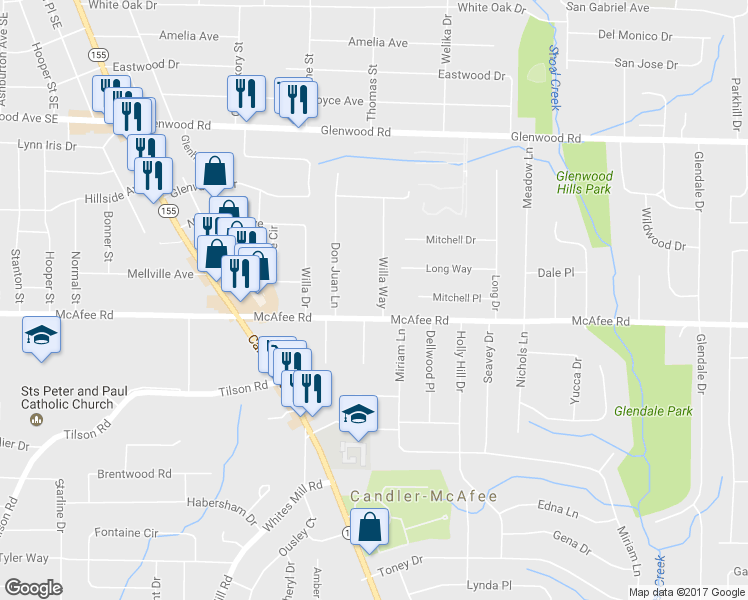 map of restaurants, bars, coffee shops, grocery stores, and more near 2746 McAfee Road in Decatur