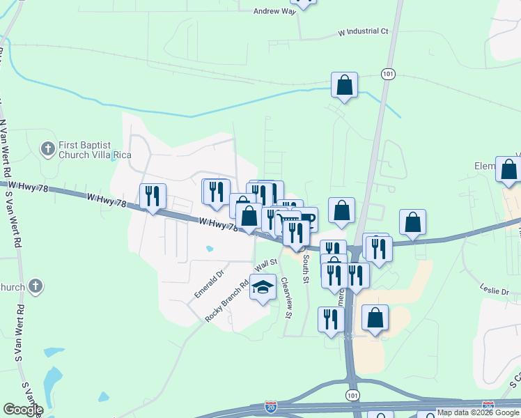 map of restaurants, bars, coffee shops, grocery stores, and more near 436 Villa Trace in Villa Rica