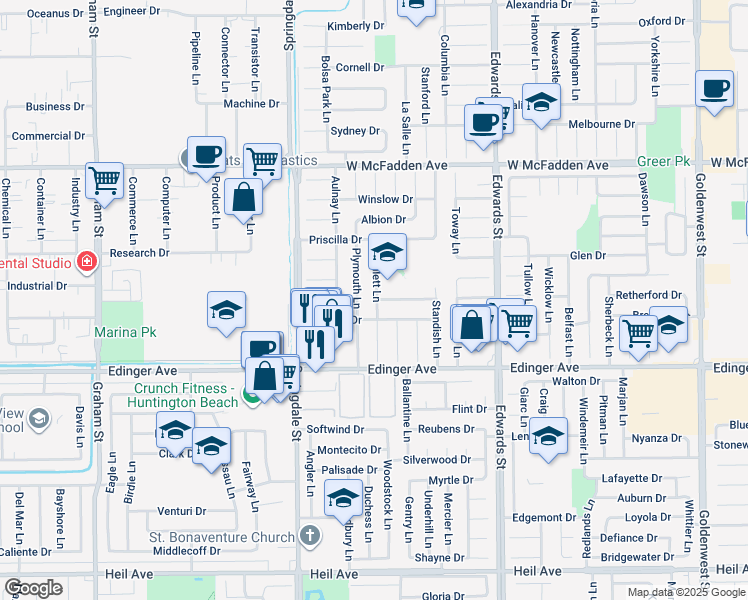 map of restaurants, bars, coffee shops, grocery stores, and more near 15821 Willett Lane in Huntington Beach