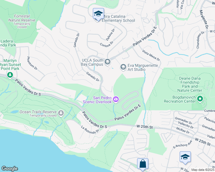 map of restaurants, bars, coffee shops, grocery stores, and more near 2935 Vista Del Mar in Rancho Palos Verdes