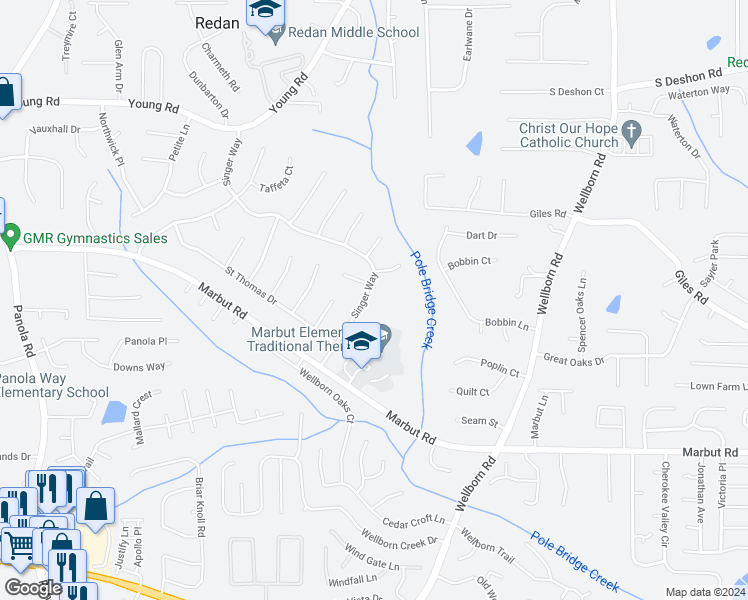 map of restaurants, bars, coffee shops, grocery stores, and more near 2068 Singer Way in Lithonia