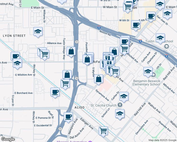 map of restaurants, bars, coffee shops, grocery stores, and more near 15921 South Myrtle Avenue in Tustin