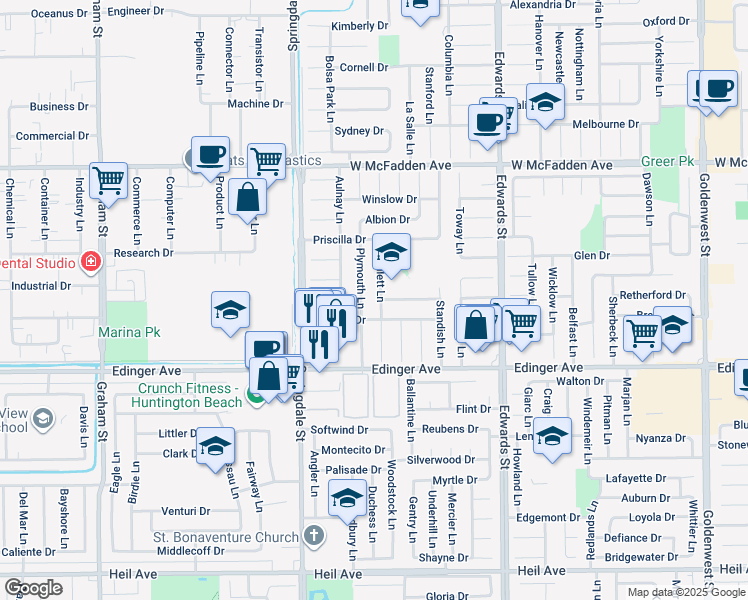 map of restaurants, bars, coffee shops, grocery stores, and more near 15821 Willett Lane in Huntington Beach