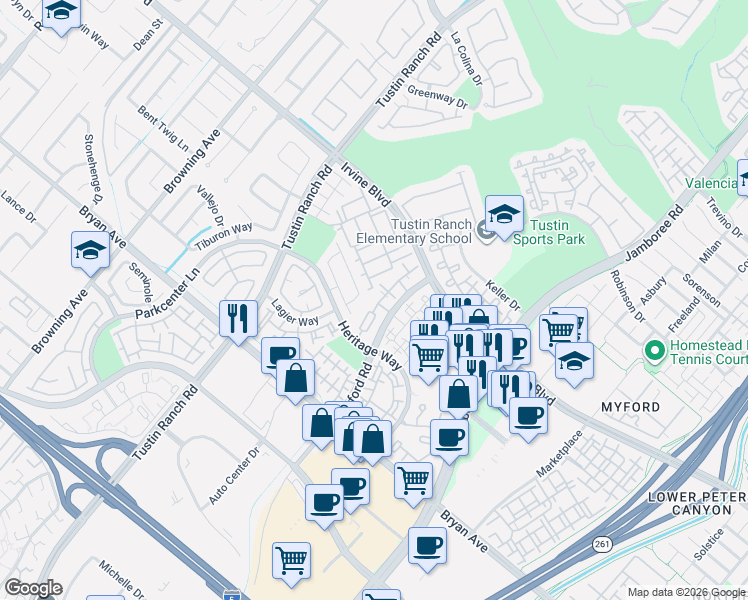 map of restaurants, bars, coffee shops, grocery stores, and more near 13211 Myford Road in Tustin