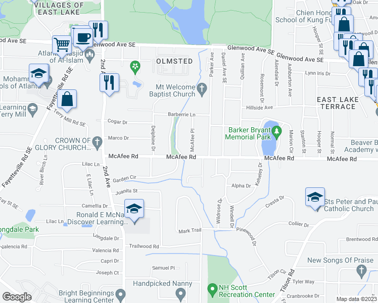 map of restaurants, bars, coffee shops, grocery stores, and more near 2007 McAfee Place in Decatur