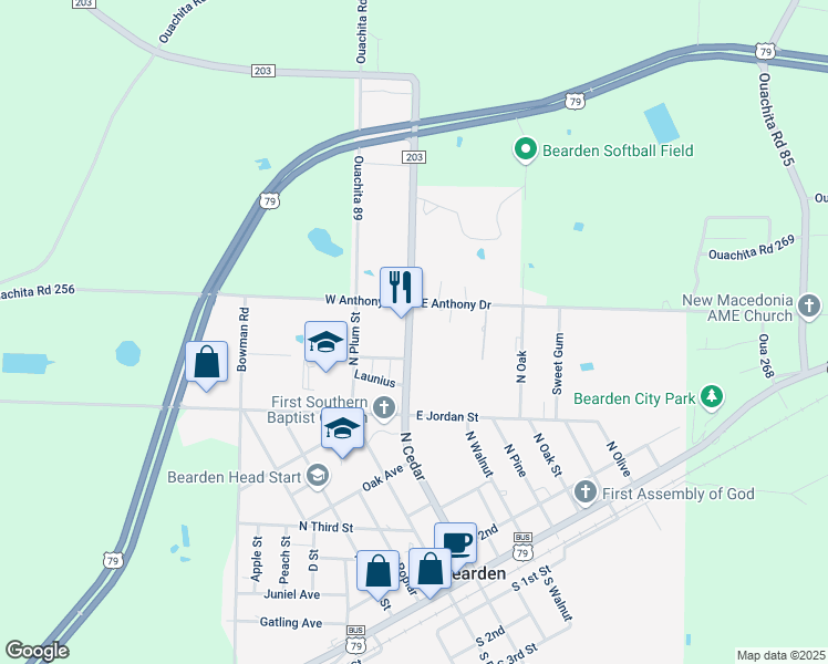 map of restaurants, bars, coffee shops, grocery stores, and more near 750 North Cedar Street in Bearden