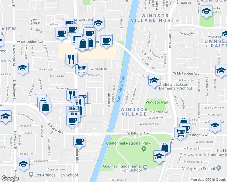 map of restaurants, bars, coffee shops, grocery stores, and more near 220 Palos Verdes Drive in Santa Ana
