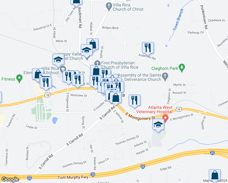 map of restaurants, bars, coffee shops, grocery stores, and more near 211 Main Street in Villa Rica
