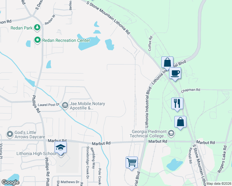 map of restaurants, bars, coffee shops, grocery stores, and more near 1989 Jabco Boulevard in Lithonia