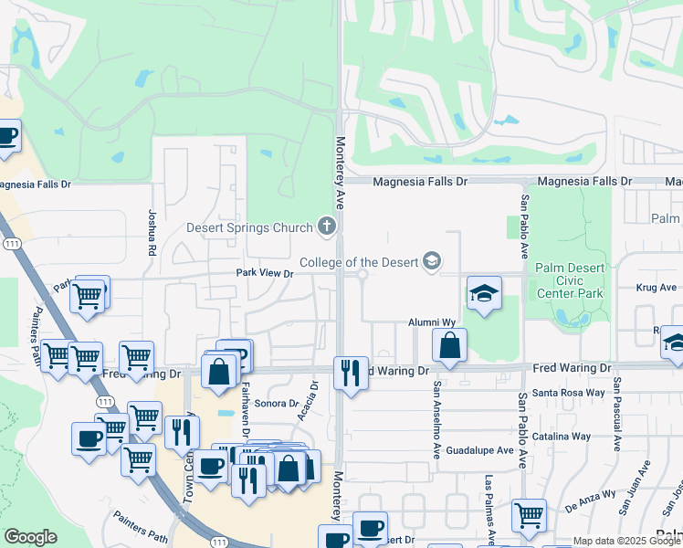 map of restaurants, bars, coffee shops, grocery stores, and more near Monterey Ave & Parkview Dr in Palm Desert