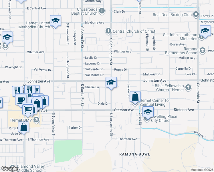 map of restaurants, bars, coffee shops, grocery stores, and more near 1230 Shellie Lane in Hemet