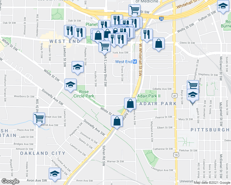 map of restaurants, bars, coffee shops, grocery stores, and more near 871 White Street Southwest in Atlanta