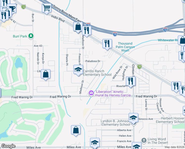 map of restaurants, bars, coffee shops, grocery stores, and more near 43660 Brahea Court in Indio