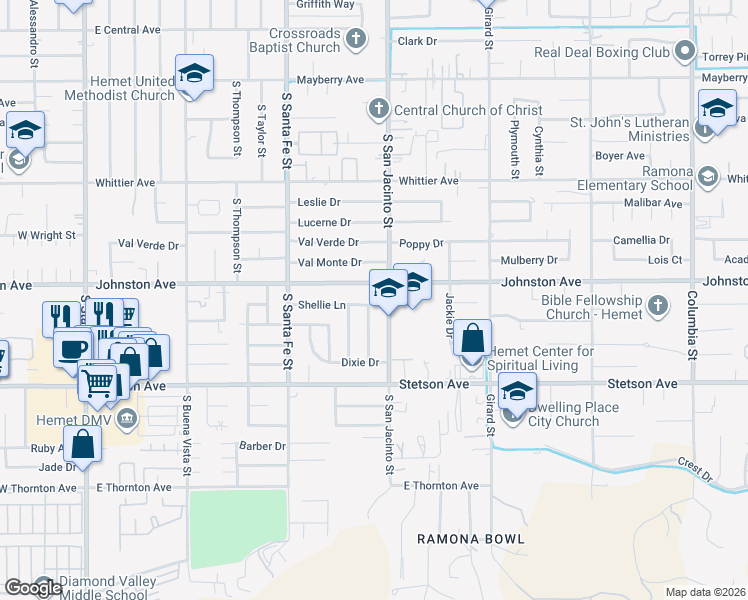 map of restaurants, bars, coffee shops, grocery stores, and more near 1230 Shellie Lane in Hemet