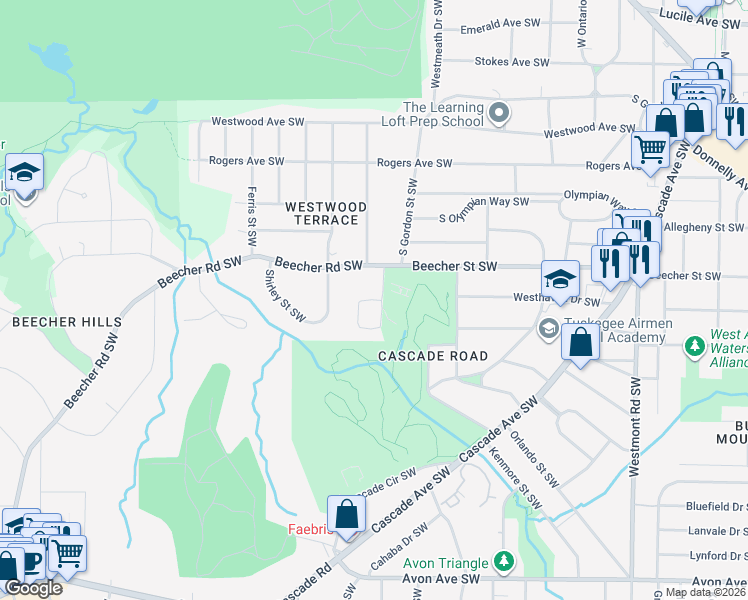 map of restaurants, bars, coffee shops, grocery stores, and more near 969 Beecher Court Southwest in Atlanta
