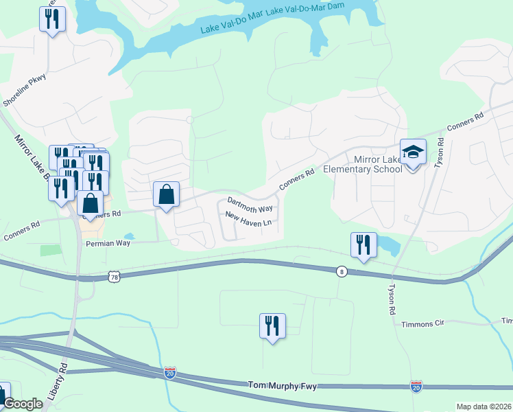 map of restaurants, bars, coffee shops, grocery stores, and more near 2010 Dartmoth Way in Villa Rica