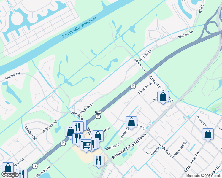map of restaurants, bars, coffee shops, grocery stores, and more near 4694 Wild Iris Drive in Myrtle Beach