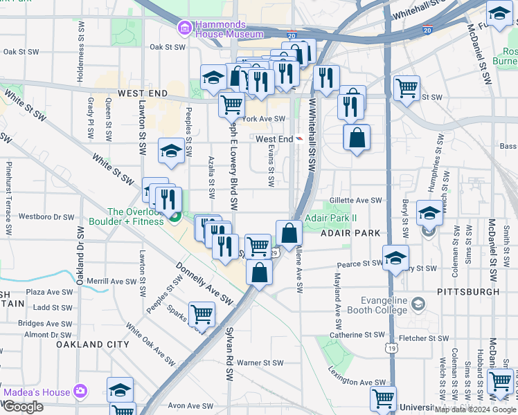 map of restaurants, bars, coffee shops, grocery stores, and more near 865 White Street Southwest in Atlanta