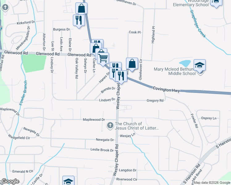 map of restaurants, bars, coffee shops, grocery stores, and more near 4272 Lindsey Drive in Decatur