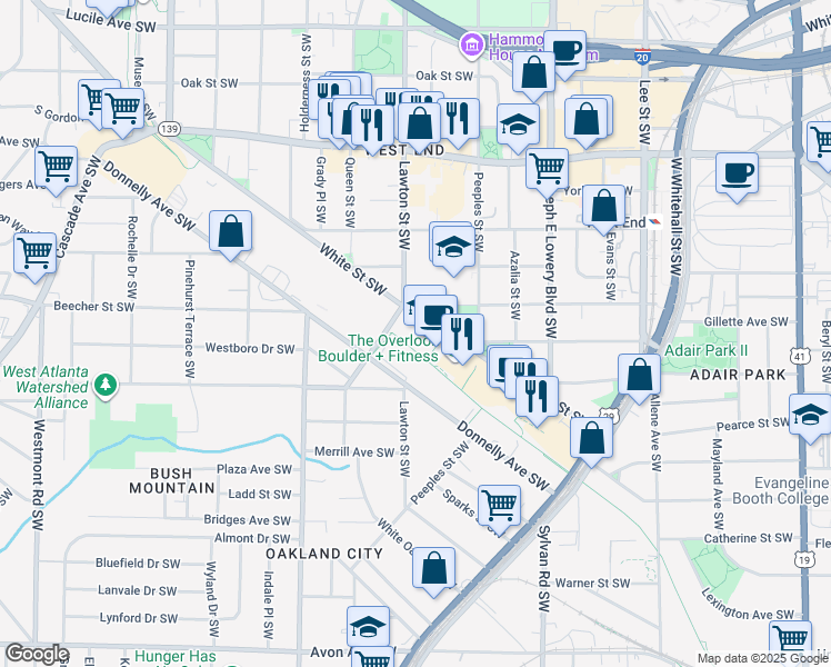 map of restaurants, bars, coffee shops, grocery stores, and more near 1050 White Street Southwest in Atlanta