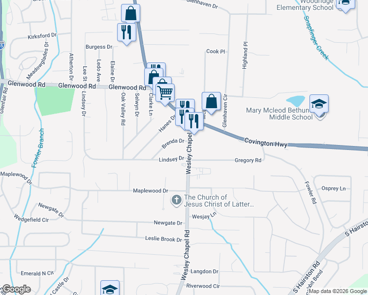 map of restaurants, bars, coffee shops, grocery stores, and more near 4272 Lindsey Drive in Decatur