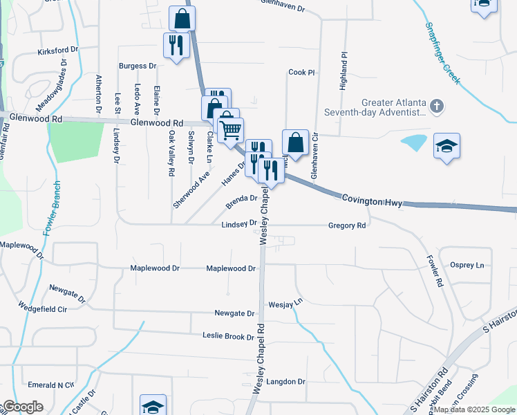 map of restaurants, bars, coffee shops, grocery stores, and more near 1971 Wesley Chapel Road in Decatur