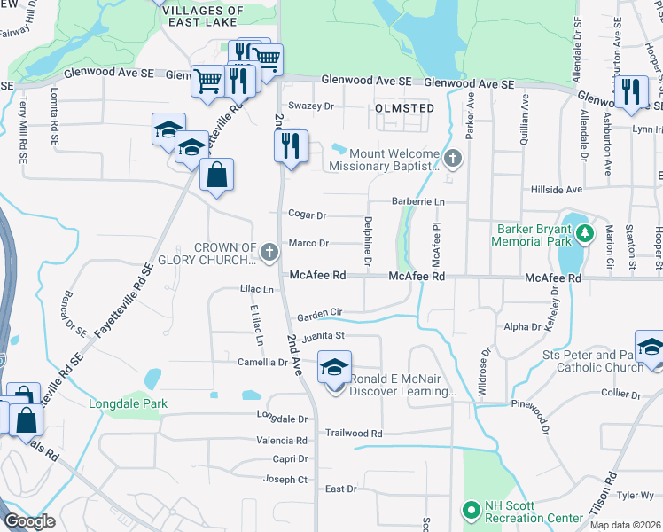 map of restaurants, bars, coffee shops, grocery stores, and more near 2017 McAfee Road in Decatur