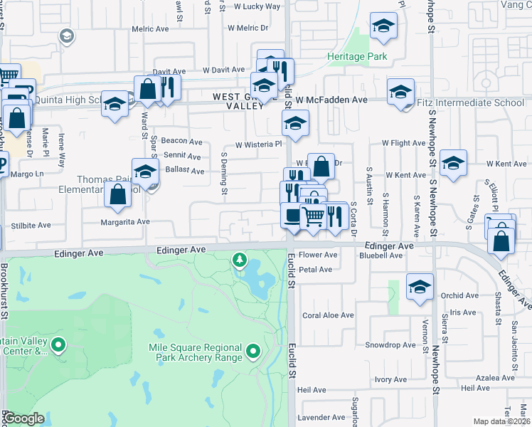 map of restaurants, bars, coffee shops, grocery stores, and more near 15886 Camo Bluff Court in Fountain Valley