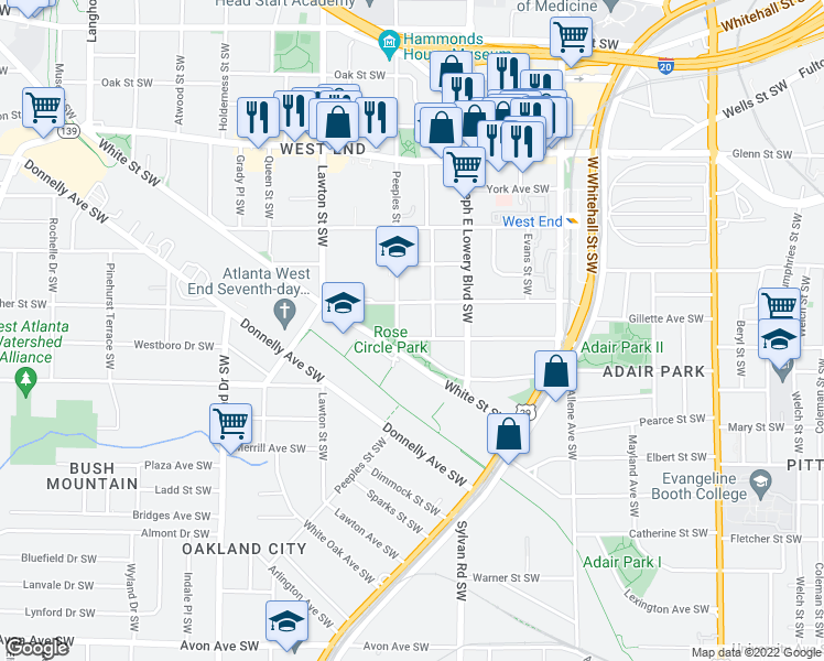 map of restaurants, bars, coffee shops, grocery stores, and more near 975 White Street Southwest in Atlanta