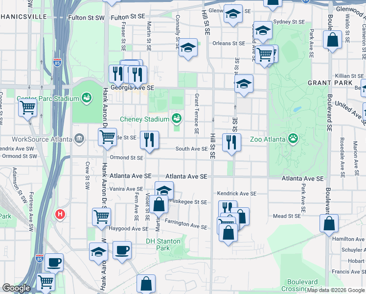 map of restaurants, bars, coffee shops, grocery stores, and more near 206 Ormond Street Southeast in Atlanta