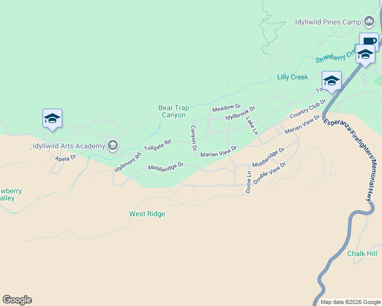 map of restaurants, bars, coffee shops, grocery stores, and more near 53205 Marian View Drive in Idyllwild-Pine Cove