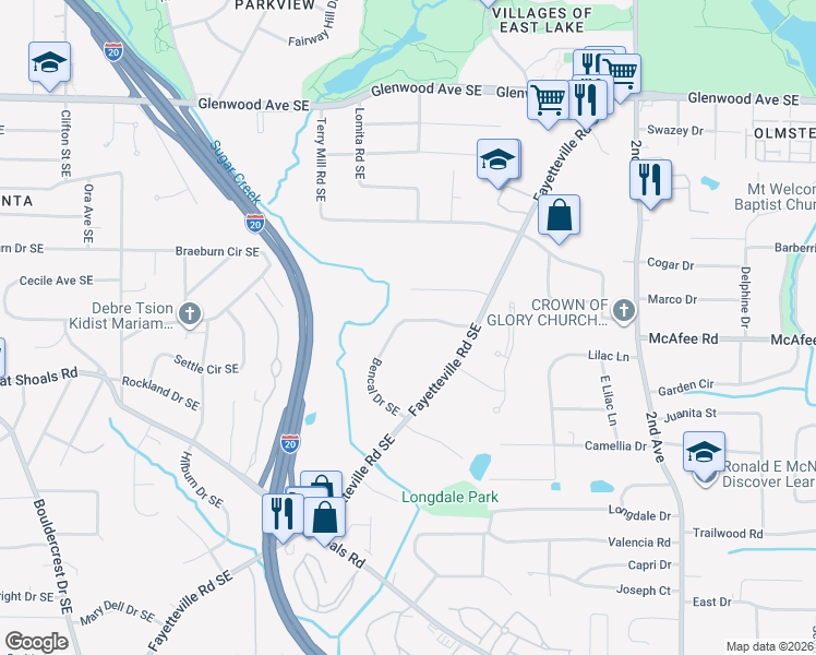 map of restaurants, bars, coffee shops, grocery stores, and more near 883 Fayetteville Road Southeast in Atlanta