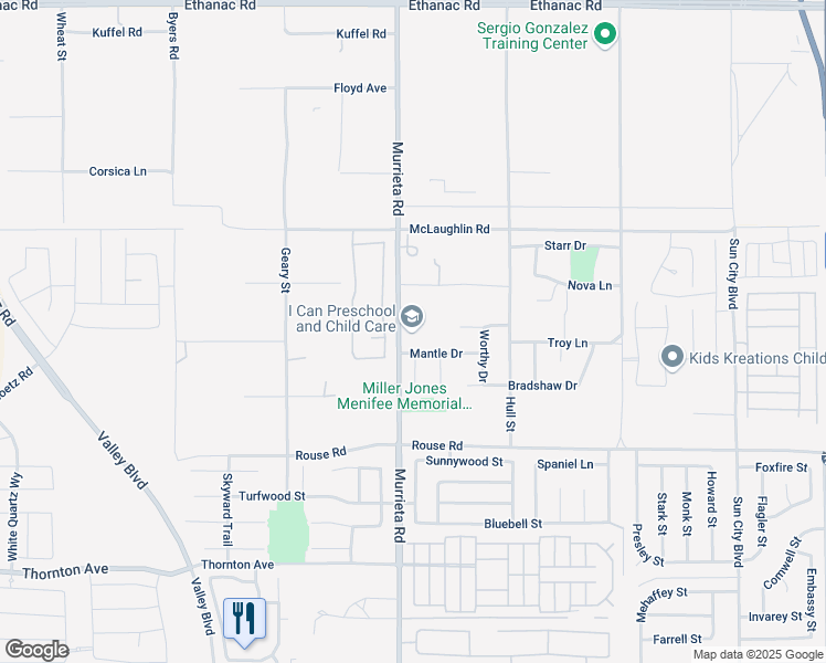 map of restaurants, bars, coffee shops, grocery stores, and more near 26704 Murrieta Rd in Romoland