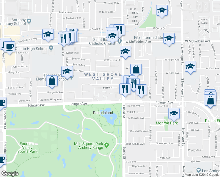 map of restaurants, bars, coffee shops, grocery stores, and more near 15885 Camo Bluff Court in Fountain Valley