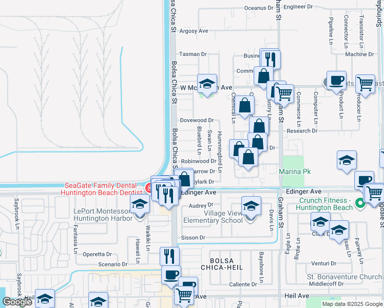 map of restaurants, bars, coffee shops, grocery stores, and more near 5082 Blue Jay Circle in Huntington Beach