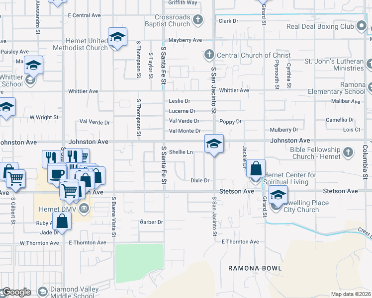map of restaurants, bars, coffee shops, grocery stores, and more near 1060 Shellie Lane in Hemet