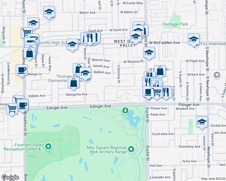 map of restaurants, bars, coffee shops, grocery stores, and more near 10728 Peony Circle in Fountain Valley