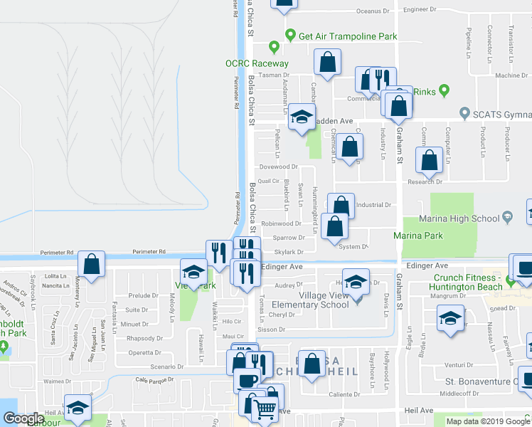 map of restaurants, bars, coffee shops, grocery stores, and more near 5031 Robinwood Drive in Huntington Beach