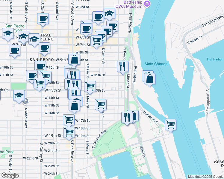 map of restaurants, bars, coffee shops, grocery stores, and more near 257 West 13th Street in Los Angeles