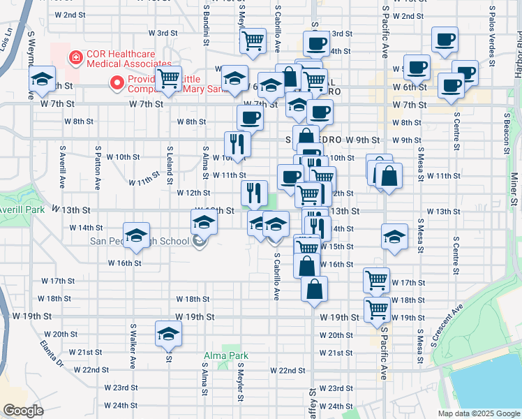 map of restaurants, bars, coffee shops, grocery stores, and more near 835 West 13th Street in Los Angeles