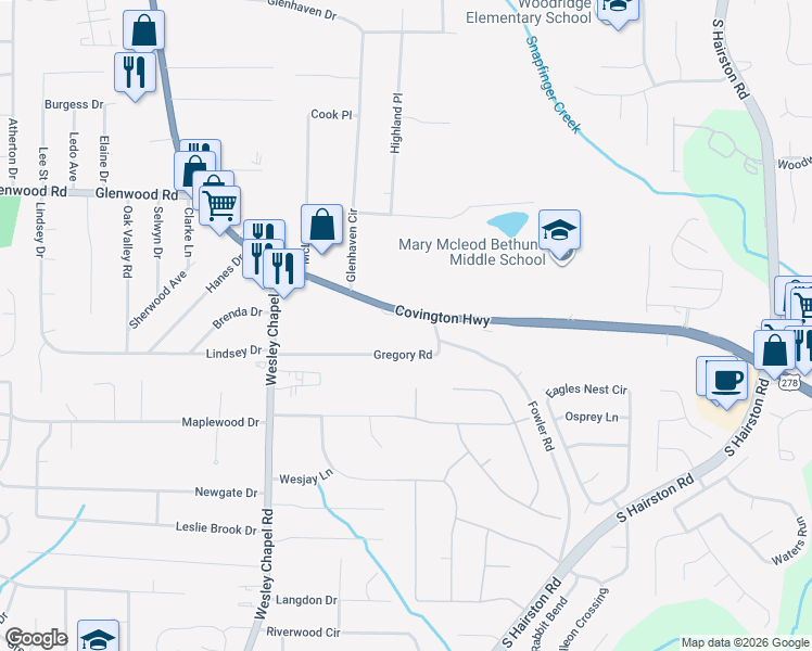 map of restaurants, bars, coffee shops, grocery stores, and more near 4422 Gregory Road in Decatur