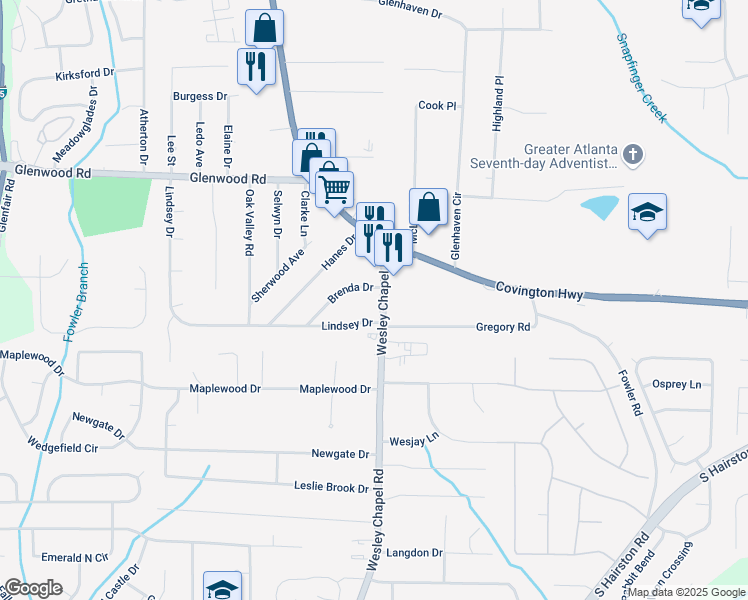 map of restaurants, bars, coffee shops, grocery stores, and more near 1971 Wesley Chapel Road in Decatur