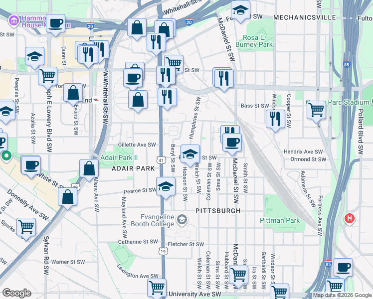 map of restaurants, bars, coffee shops, grocery stores, and more near 575 Rockwell Street Southwest in Atlanta