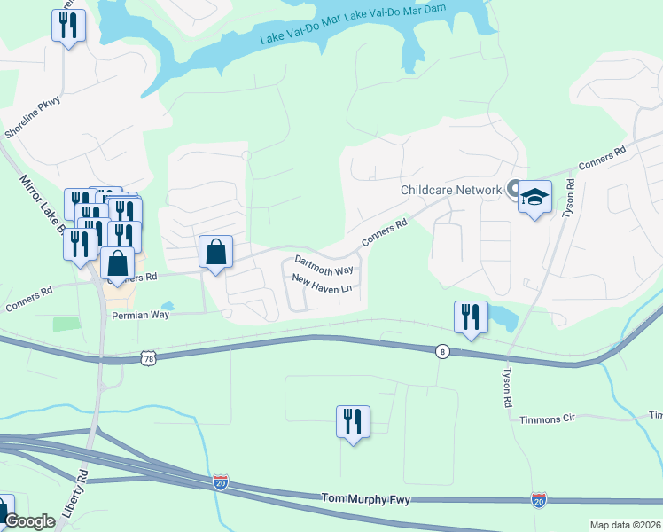 map of restaurants, bars, coffee shops, grocery stores, and more near 2010 Dartmoth Way in Villa Rica