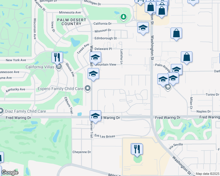 map of restaurants, bars, coffee shops, grocery stores, and more near 77638 Cll Las Brisas West in Palm Desert