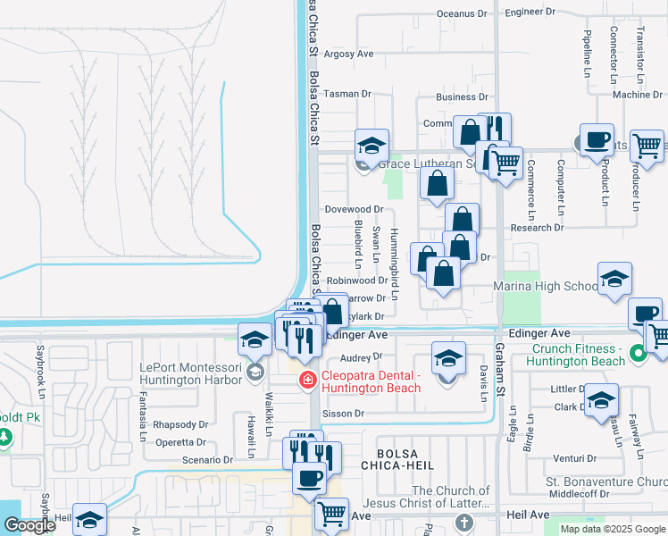 map of restaurants, bars, coffee shops, grocery stores, and more near 5042 Blue Jay Circle in Huntington Beach