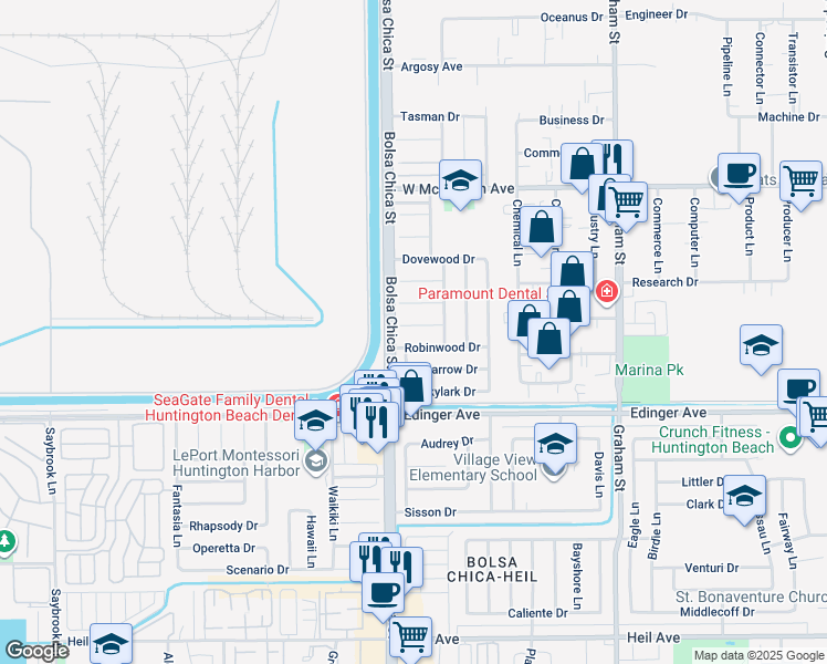 map of restaurants, bars, coffee shops, grocery stores, and more near 5042 Blue Jay Circle in Huntington Beach