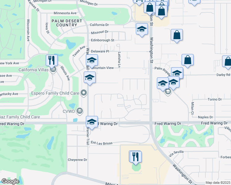 map of restaurants, bars, coffee shops, grocery stores, and more near 77702 Cll Las Brisas North in Palm Desert